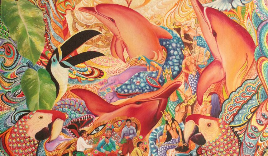 Pablo César Amaringo Shuña, La danza de los puca bufeos, 2009. Cortesía del artista y Colección Hochschild Correa